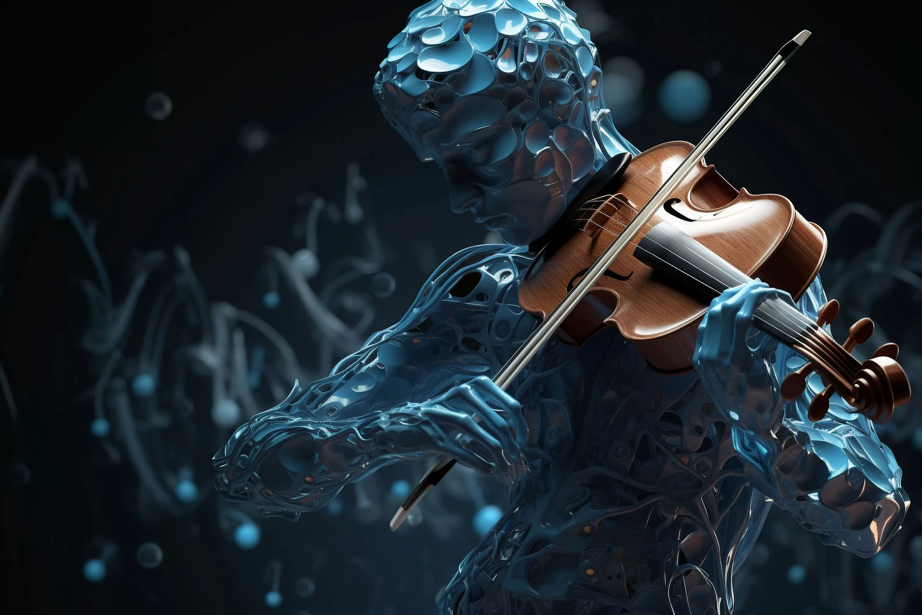 A robot-like creature playing a violin